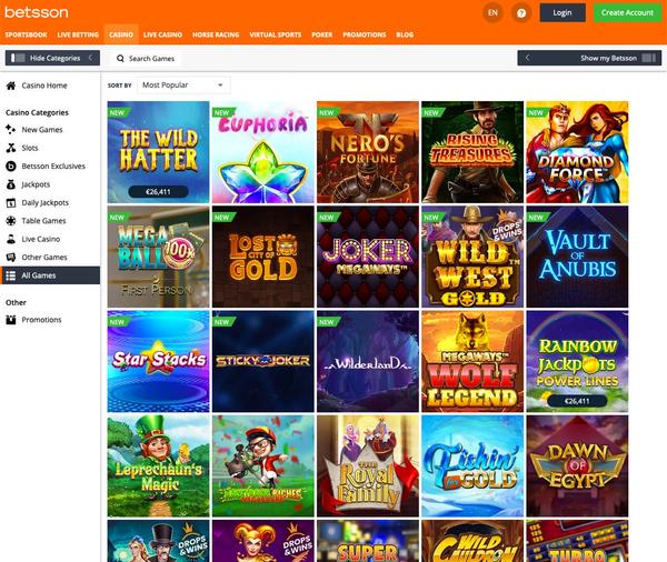 Betsson Casino Homepage Screenshot